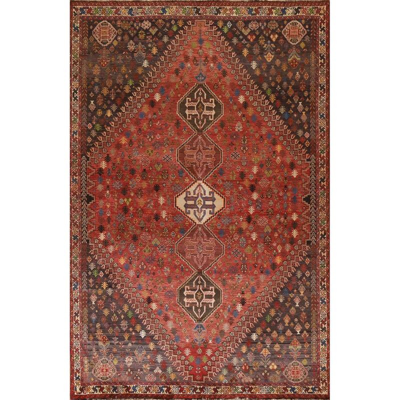 Vegetable Dye Shiraz Persian Vintage Area Rug Hand-Knotted Wool Carpet - 6'0"x 9'11"