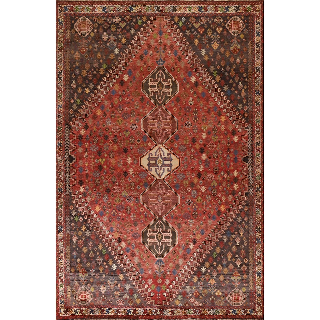 Vegetable Dye Shiraz Persian Vintage Area Rug Hand-Knotted Wool Carpet - 6'0"x 9'11"
