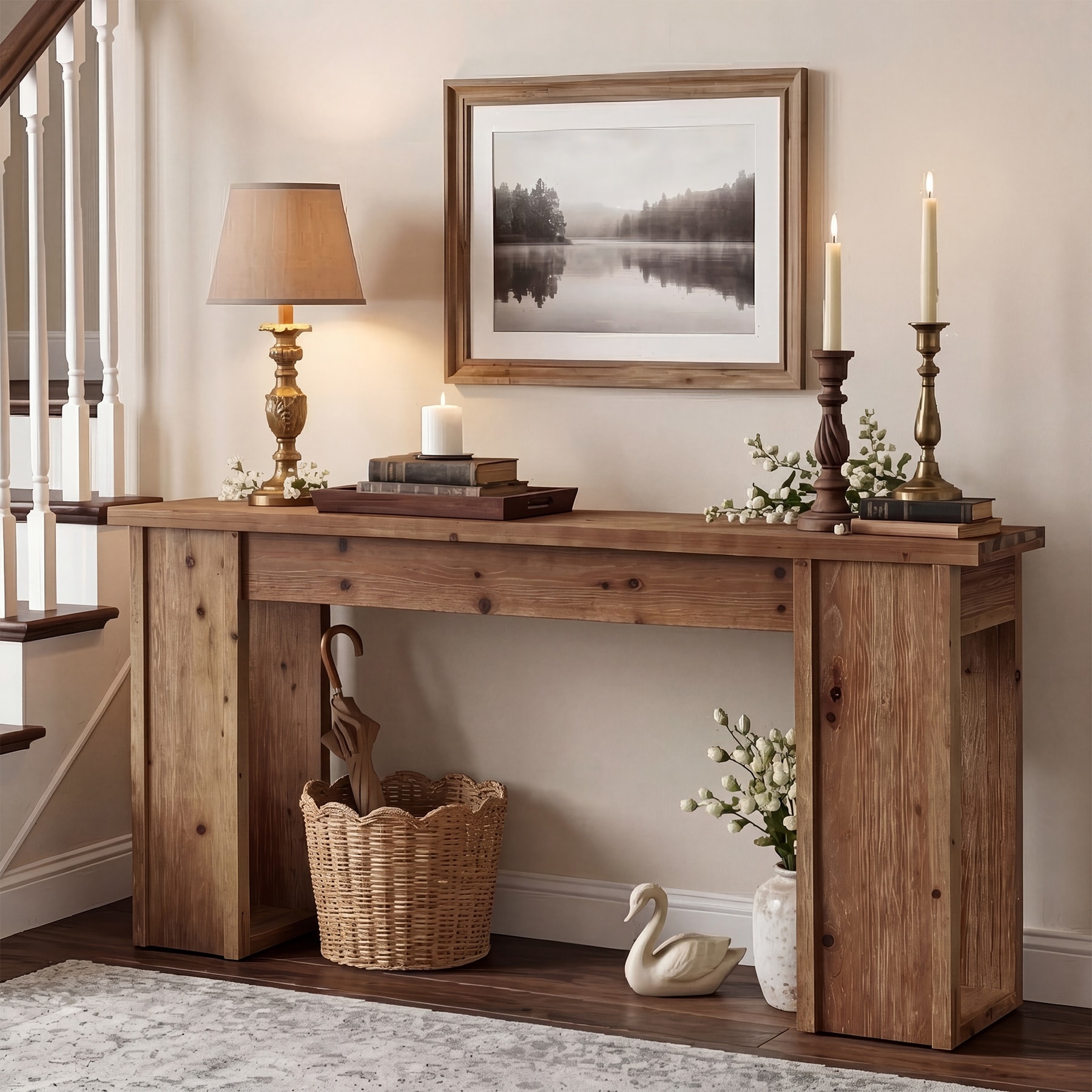 63" Rustic Solid Wood Console Table with Open Bottom Space, 31.5" Tall Accent Table for Foyer & Living Room
