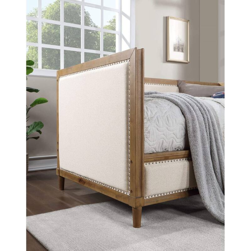 Beige Fabric Upholstered 1pc Day Bed Light Oak Bed Frame Nailhead Trim Bedroom Furniture Mattress Ready Twin Day Bed