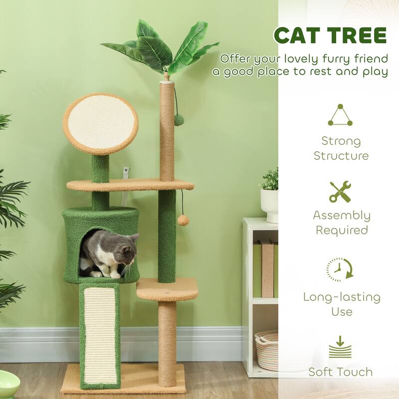 PawHut Cat Tree for Large Adult Indoor Cat with Green Leaves, 55 Inch Cat Tower with Cat Scratching Posts, Cat Condo, Green