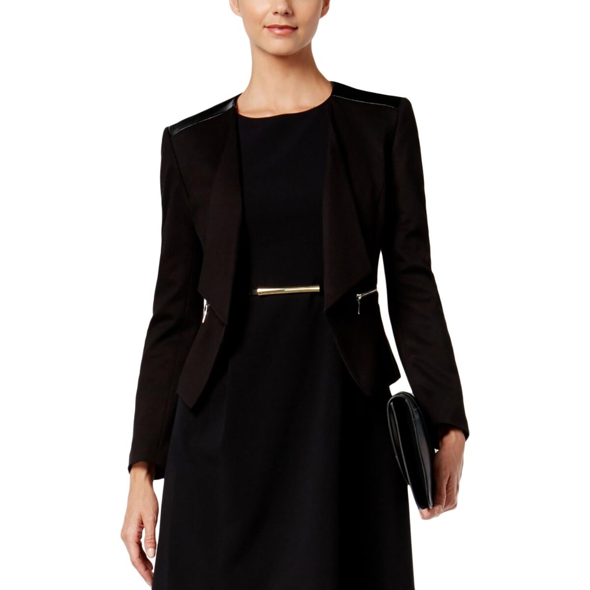 Shop Nine West Womens Open Front Blazer Faux Leather Trim Shoulder