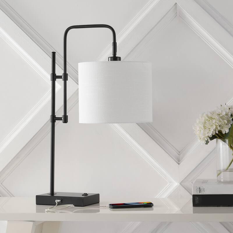 Eliza 24.75" Industrial Designer Metal LED Task Lamp with USB Charging Port, Black by JONATHAN Y