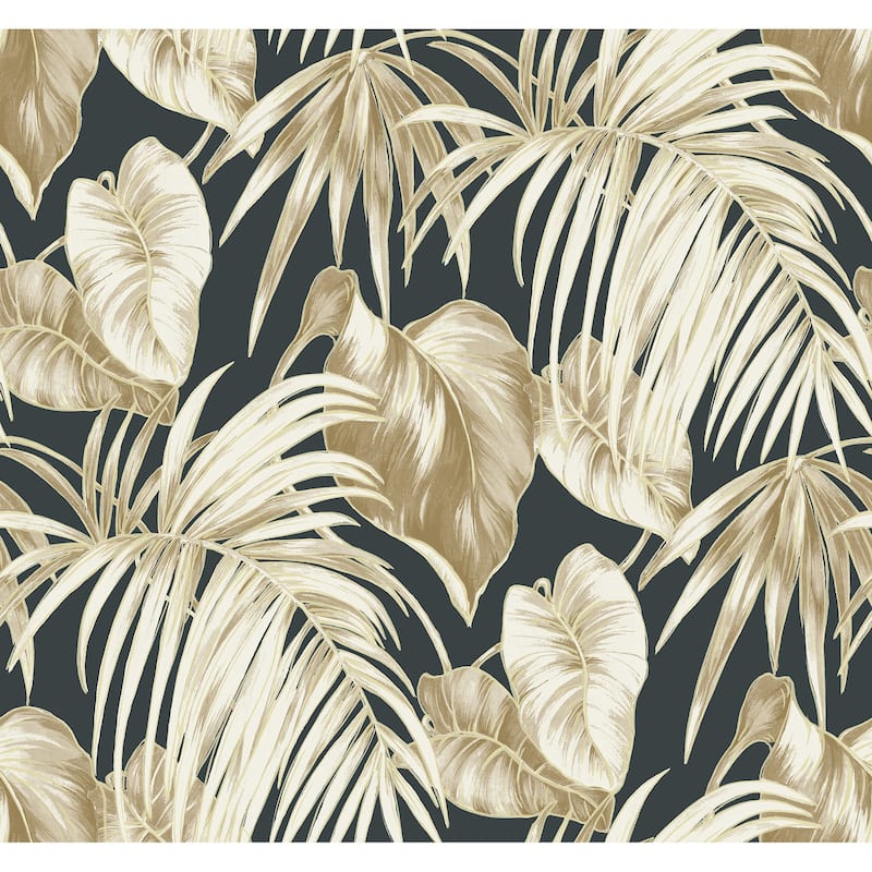 Seabrook Designs Dominica Tropical Leaf Unpasted Wallpaper - 27 in. W x 27 ft. L - Metallic Gold and Ebony