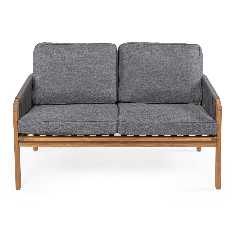 JONATHAN Y Gable Modern Bohemian Roped Acacia Wood Outdoor Loveseat with Cushions