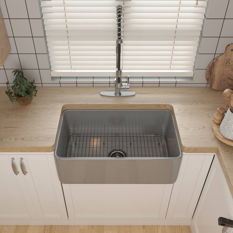 CASAINC Farmhouse/Apron-Front Single Bowl Fireclay Kitchen Sink with Bottom Grid and Strainer, cUPC Certified