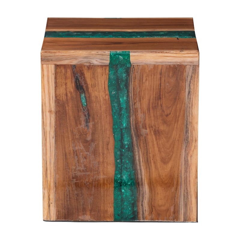 Anan Teak Wood Epoxy Resin End Table - Live Edge Cube Side Table, Handcrafted Modern Rustic Accent Table