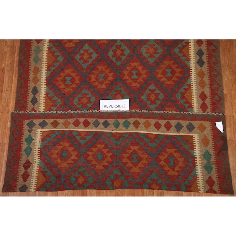Geometric Kilim Rug Hand-woven Reversible Wool Carpet - 6'5"x 9'10"