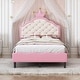 preview thumbnail 2 of 16, Twin/Full Size Upholstered Princess Bed with Crown Shaped Headboard, Lovely PU Leather Platform Bed with Button Tufted Design
