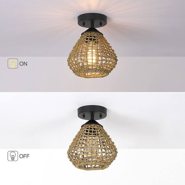 dimension image slide 0 of 2, 1-Light Bohemian Rattan/Seagrass Semi-Flush Mount Ceiling Light - D8"x H9.3" - Black/Lime - 8 in. W