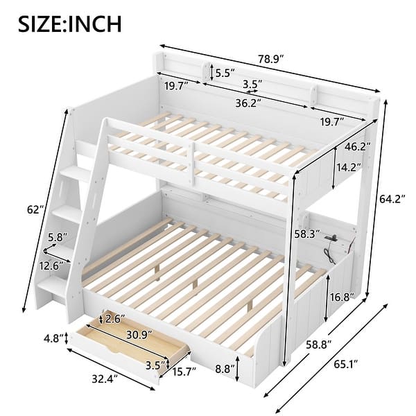 dimension image slide 0 of 2, Wooden Bunk Bed Twin over Full Bunk Bed with 6 Up and Down Storage Shelves, LED, Charging Station, Stairs and Bottom Drawer