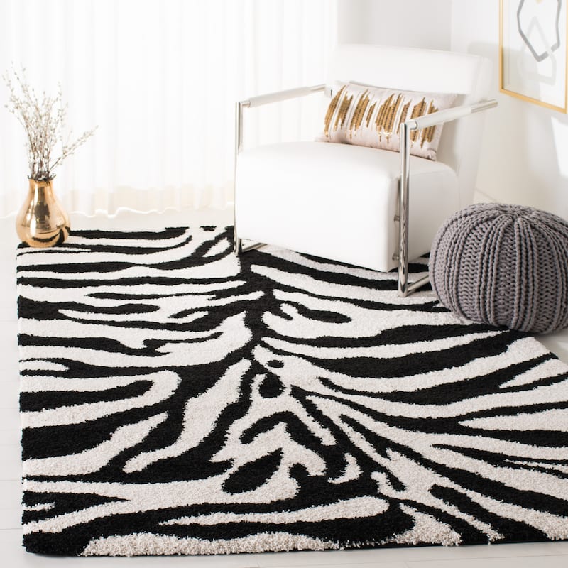 SAFAVIEH Florida Shag Vitchka Zebra Animal Print 1.2-inch Thick - 3' 3" x 5' 3" - Ivory/Black