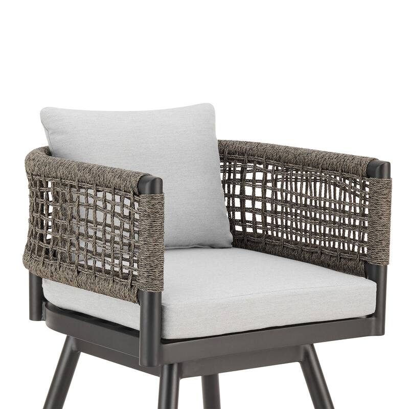 Piper 30 Inch Outdoor Swivel Barstool Chair, Rope Woven, Gray Cushions