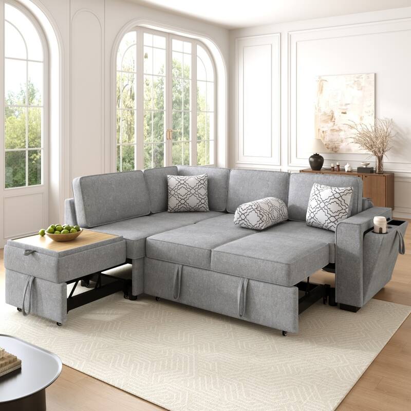 83.9" L-shaped Convertible Sectional Sofa with Dual Pull-out Sleepers, Flip-Top Table, USB Ports, Cup Holder - Light Grey