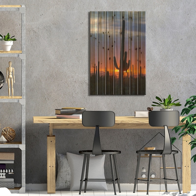 USA, Arizona, Saguaro National Park. Saguaro cactus at sunset. Print On Wood by Jaynes Gallery - Multi-Color