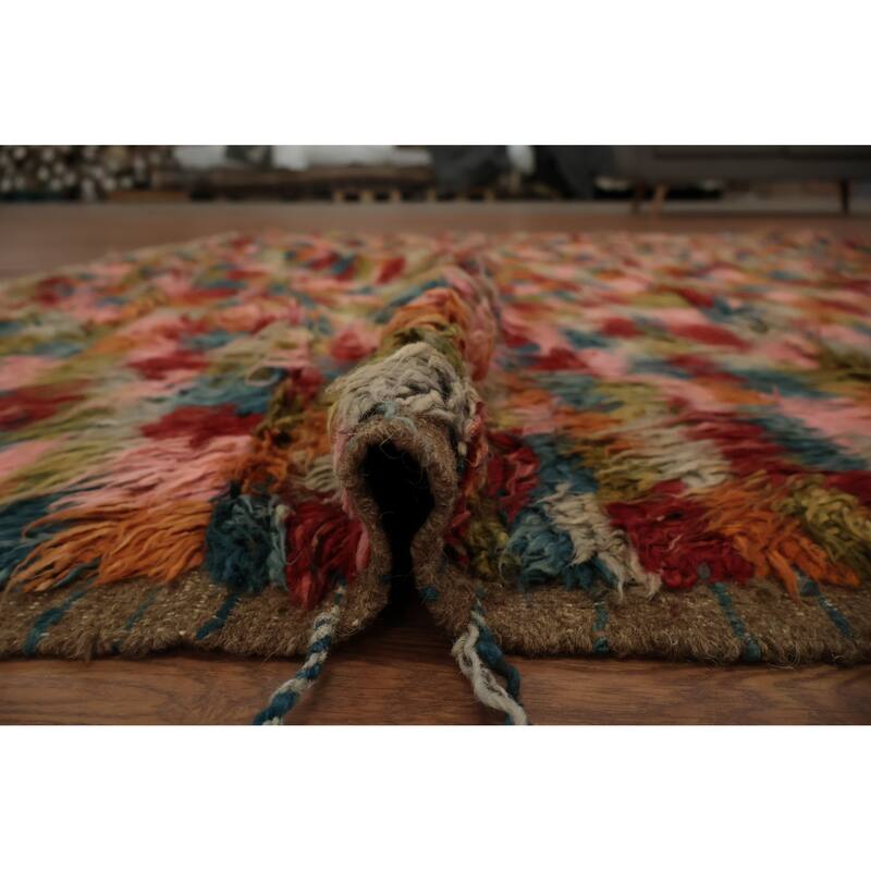 Hand Knotted Oriental 100% Wool Carpet Tribal Checkered Multi-Colored Moroccan Area Rug - 9' 10'' X 8' 1''