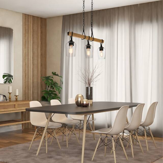 Zarbel Modern Farmhouse Chandelier Rustic 3-light Island Lights Faux Wood Accents with Bottle Glass - L25"x W 5"x H 76"