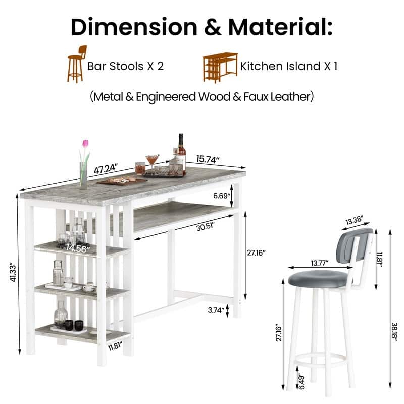 3-Piece Dining Room Table Set with 2 Upholstered Bar Stools, Modern Farmhouse Bar Table Set for 2 with Multiple Tier Shelves