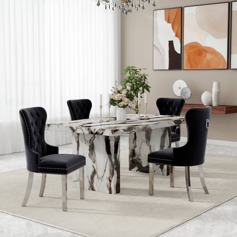 Roundhill Furniture Cavira 5-Piece Modern Faux Marble Dining Set - Black