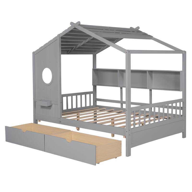 Wooden House Bed with 2 Large Drawers & Built-In Shelves by Harper&Bright Designs