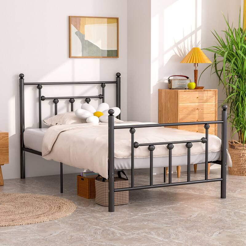 14 Inch Metal Victorian Platform Bed Frame with Headboard and Footboard, Heavy Duty Mattress Foundation with Steel Slats Support
