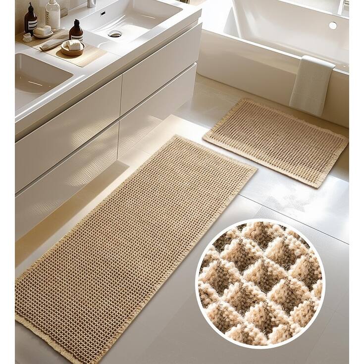Large Waffle Bath Mat Set, Non Slip Bathroom Mat Set -  Brown