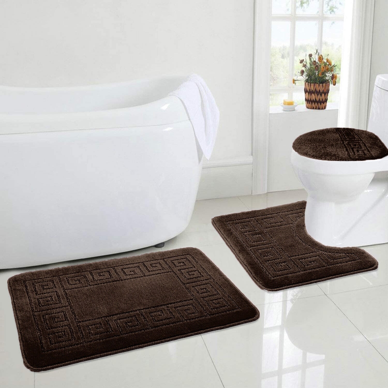 Brown Bath Set 3 Piece Anti-Slip Patchwork Bathroom Mat, Large Contour Mat  & Toilet Seat Lid Cover - Bed Bath & Beyond - 39072334