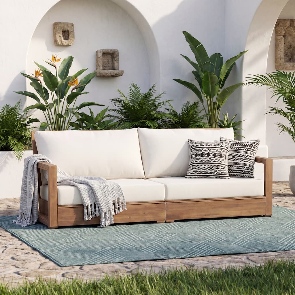 Christopher Knight Home - Westchester Mid-Century Outdoor 3 Seat Sofa Acacia Wood with Water-Resistant Cushions & Slat Frame