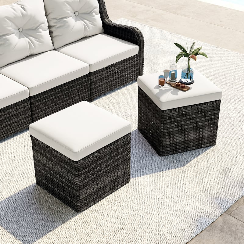 2 Set Outdoor 17.7" W Square Rattan Ottoman Patio Ottoman with Cushion