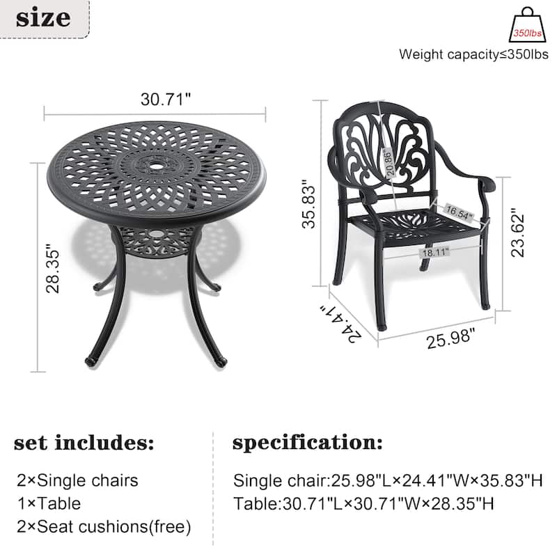 3-Pc Aluminum Patio Set , 2 x Armchairs with Cushions In Random Colors with 1 With Umbrella Hole Table