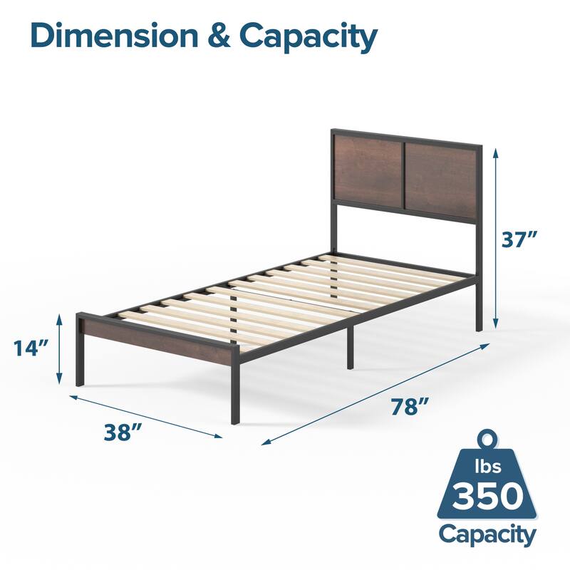 Priage by ZINUS Black and Brown Metal Platform Bed Frame with Split Headboard