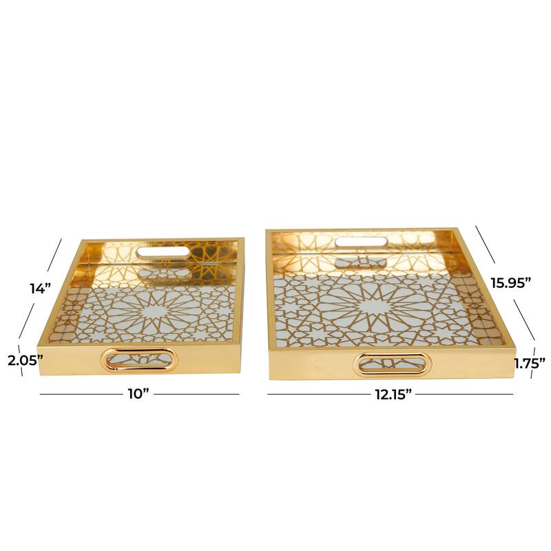 Polished Gold Plastic Mirrored Geometric Tray (Set of 2)