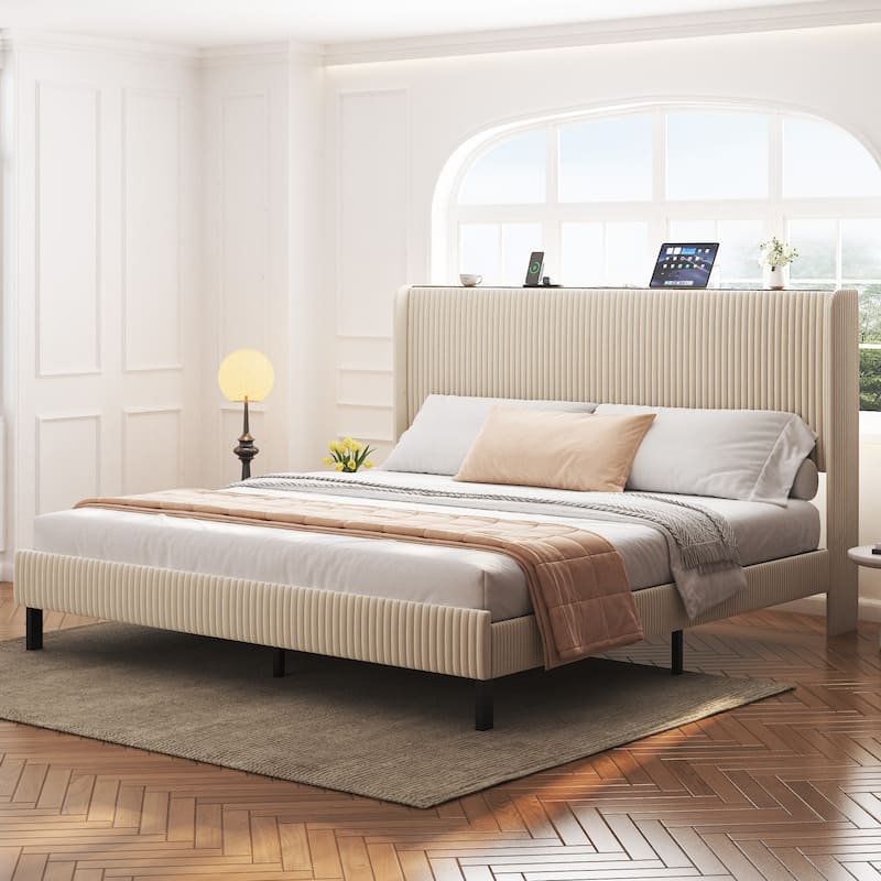 Beige Velvet Platform Bed Frame with Charging Station(Full/Queen/King） - King