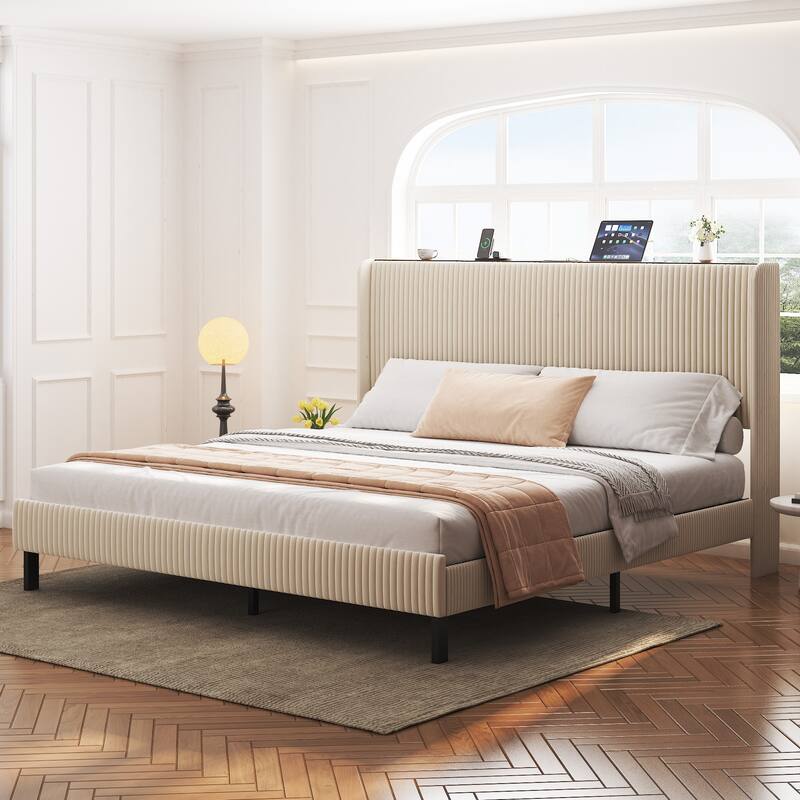 King Size Platform Bed, Metal Bed Frame with Charging Station, No Box Spring Needed, Noise Free,Easy Assemble - Beige