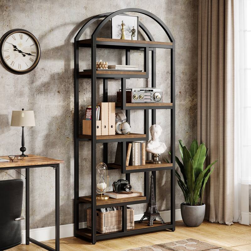 71" Tall Arched Bookshelf, Etagere Bookcase with Open Display Shelves