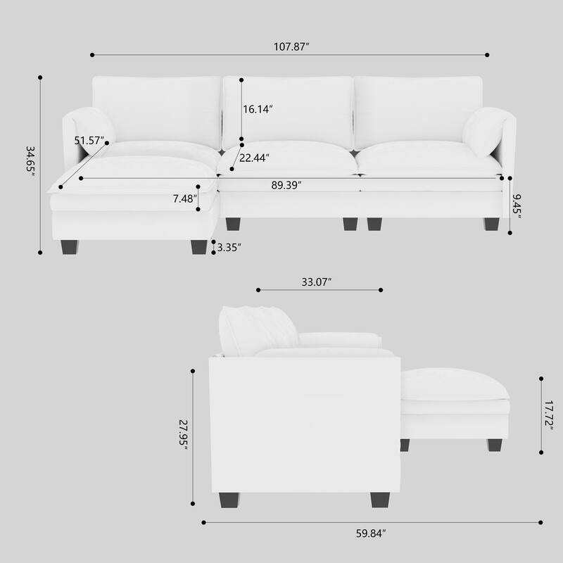 L-Shaped Sectional Sofa with Movable Ottoman, Fabric Upholstered 3 Seater Sofa, Deep Seat Sofa with Side Pockets