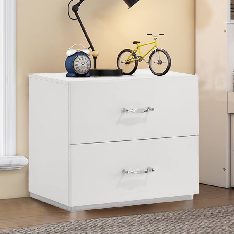 Modern White 25.5-inch Width Simple Design Two Drawers Nightstand with Acrylic Drawer Handles