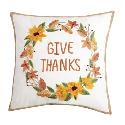 Give Thanks Wreath Embroidered Pillow