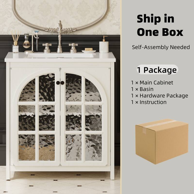 31" Vintage Bathroom Vanity with Ceramic Sink, with Bronze Pulls and Tempered Glass