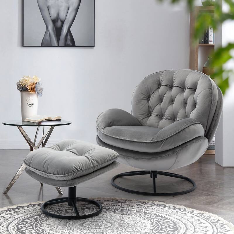 Velvet Swivel Accent Chair with Ottoman & Metal Legs (360° Rotation)