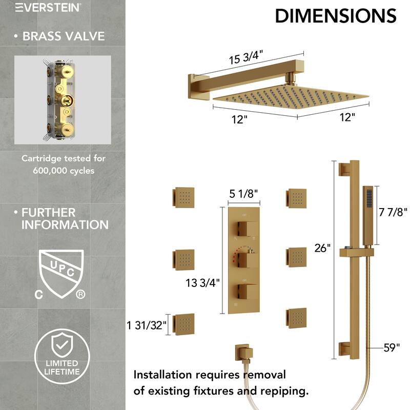 Thermostatic Shower System 12" High-Pressure Rainfall Shower Head with Slide Bar Hand Shower
