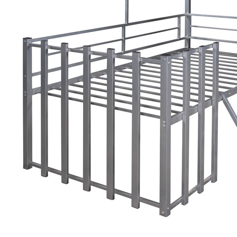 Twin House-Shaped Metal Loft Bed with Ladder, Guardrails, and Fun Roof Design