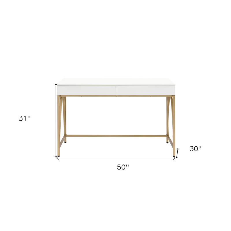 HomeRoots 50" White And Gold Wood and Steel Vanity Table With Two Drawers