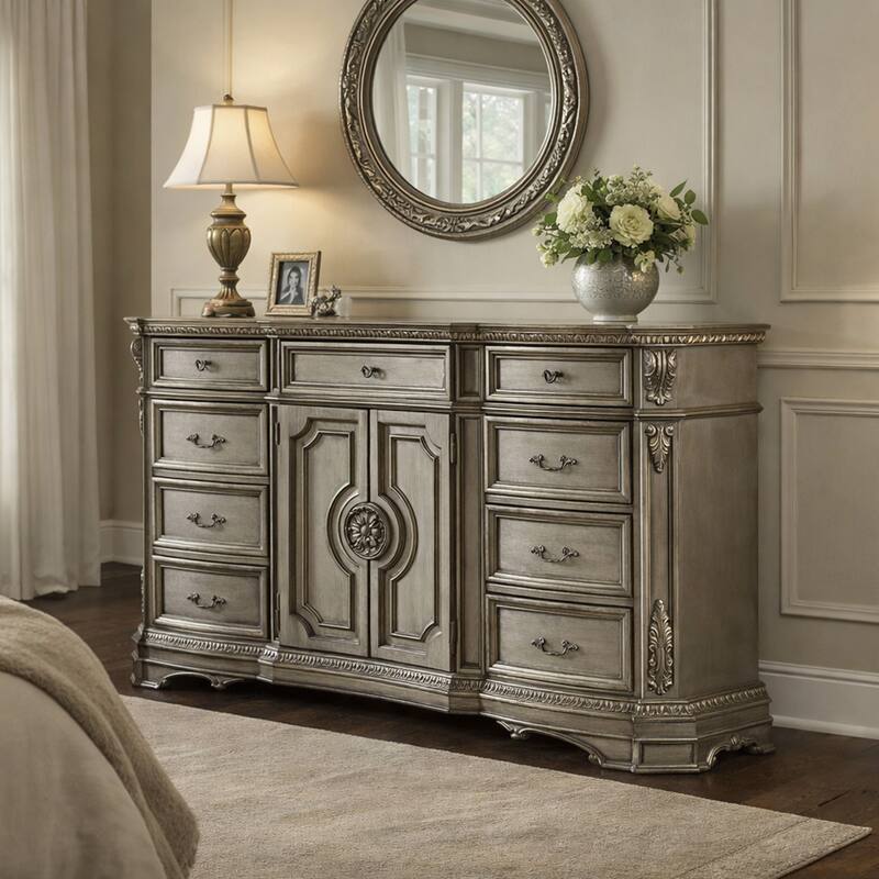 Traditional Dresser with 2 Door Storage and Molded Details, Antique Silver