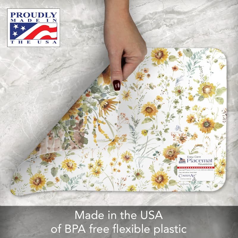 CounterArt Sunflowers Forever Reversible Easy Care Flexible Plastic Placemat 4 Pack Made in The USA