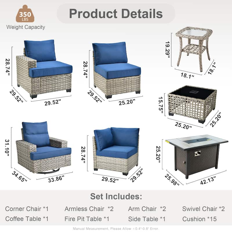 OVIOS 10 Pieces T shaped Seat Wide Armrest Swivel Chair Set With Fire Pit