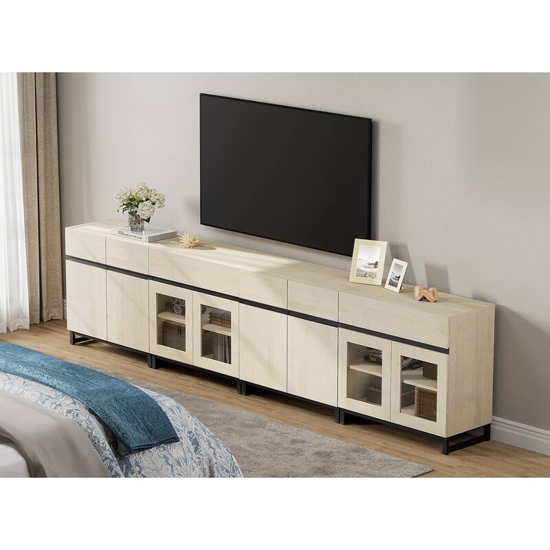 4 in 1 Modern Dresser with Glass Doors & 2 Drawers, featuring an adjustable shelf and metal base for organized storage