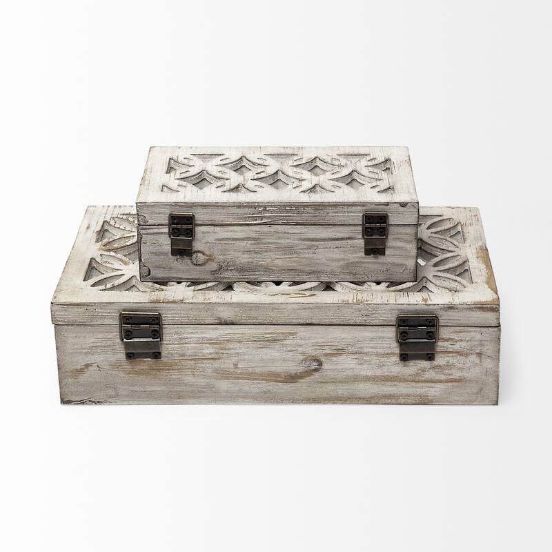 Set of Two Distressed White Wooden Boxes - 8"W x 14"D x 4"H