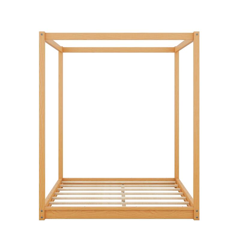 Wood Canopy Bed Floor Platform Bed Grounded Bed with Slats Support and Top Frame Easy Assembly No Box Spring Needed