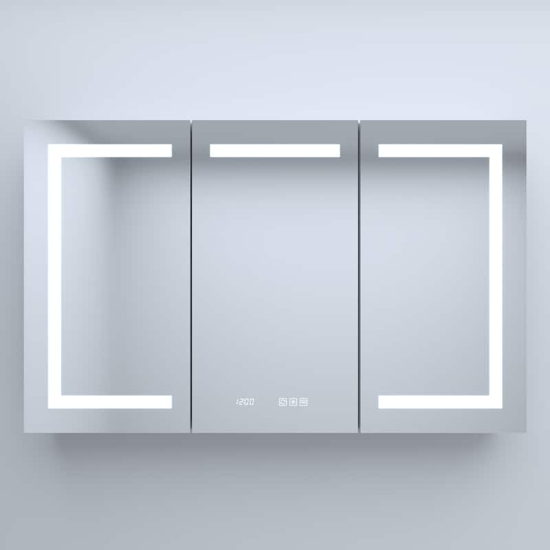 GDFStudio - Delmar Modern Aluminum LED Lighted Medicine Cabinet with Mirror Anti Fog and Digital Clock - 48"